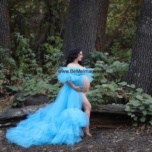 Sky Blue Tulle Robe Maternity Dress for Photoshoot